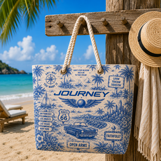 Journey Beach Tote Bag – Retro Tropical Canvas Shoulder Bag With Rope Handle