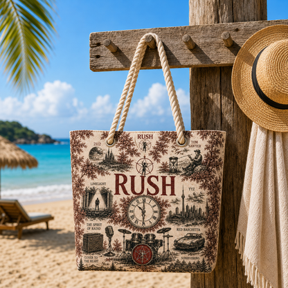 Rush Band Beach Tote Bag – Retro Tropical Canvas Shoulder Bag With Rope Handle