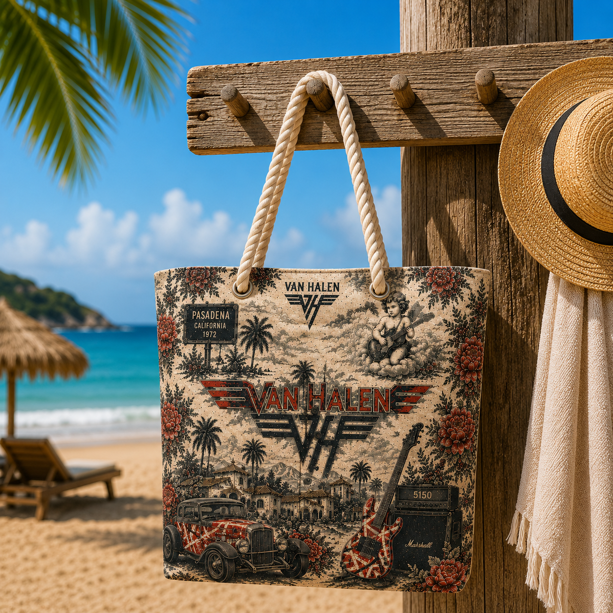 Van Halen Band Beach Tote Bag – Retro Tropical Canvas Shoulder Bag With Rope Handle