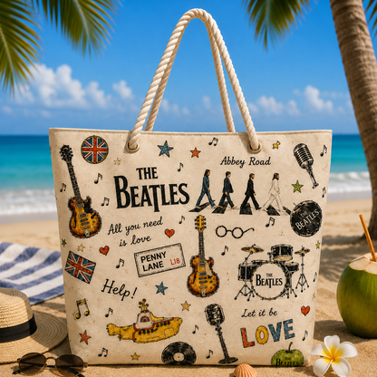 The Beatles Band Beach Tote Bag – Retro Tropical Canvas Shoulder Bag With Rope Handle