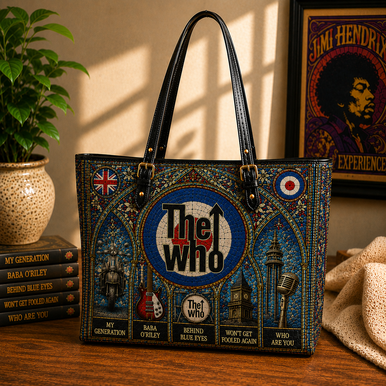 The Who Leather Handbag, Leather Tote Bag, Leather Wallet Set - Stained Glass The Who Band Fan Gift, Luxury Rock Music Accessories