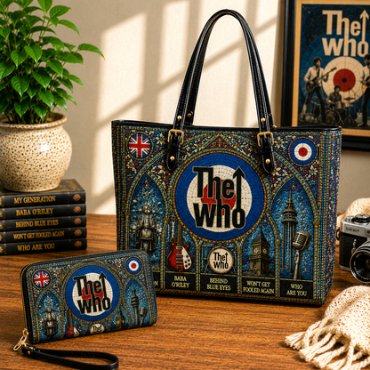 The Who Leather Handbag, Leather Tote Bag, Leather Wallet Set - Stained Glass The Who Band Fan Gift, Luxury Rock Music Accessories
