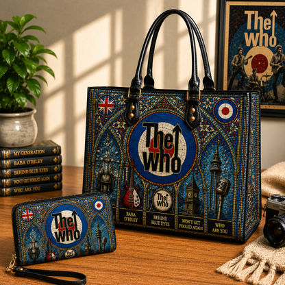 The Who Leather Handbag, Leather Tote Bag, Leather Wallet Set - Stained Glass The Who Band Fan Gift, Luxury Rock Music Accessories