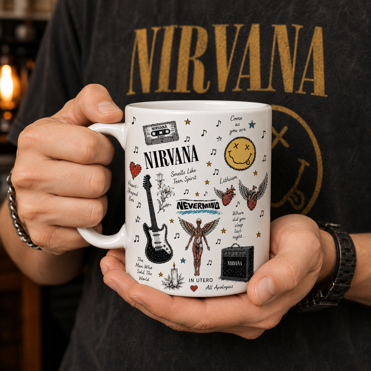Nirvana Sketch Icon Collage Mug, Smells Like Teen Spirit and In Utero Coffee Cup, Grunge Rock Fan Gift