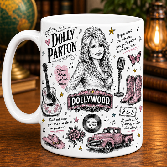 Dolly Parton Sketch Icon Collage Mug, Jolene and 9 to 5 Country Music Coffee Cup, Dollywood Fan Gift