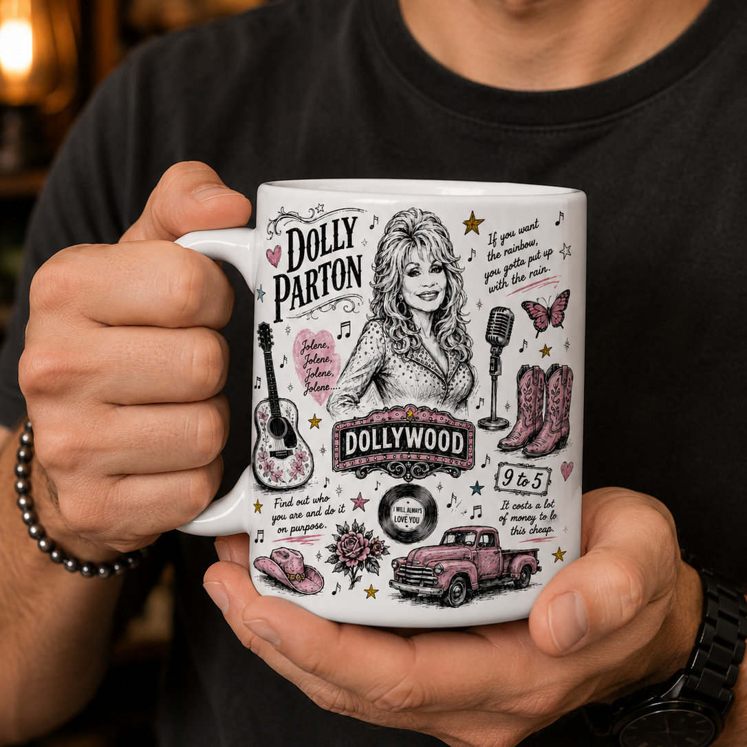 Dolly Parton Sketch Icon Collage Mug, Jolene and 9 to 5 Country Music Coffee Cup, Dollywood Fan Gift