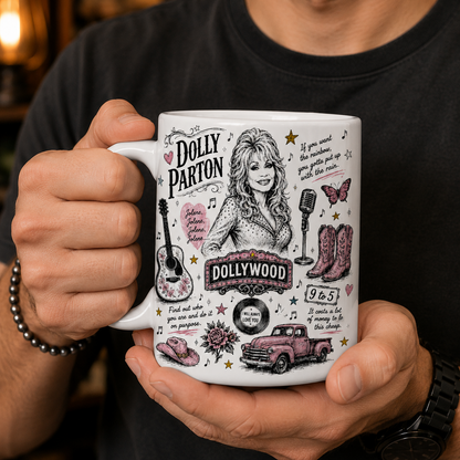 Dolly Parton Sketch Icon Collage Mug, Jolene and 9 to 5 Country Music Coffee Cup, Dollywood Fan Gift