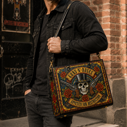 Guns N' Roses Leather Handbag, Leather Tote Bag, Leather Wallet Set - Stained Glass Mosaic Guns N' Roses Band Fan Gift, Luxury Rock Music Accessories