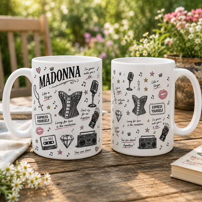 Madonna Sketch Icon Collage Mug, Like a Virgin and True Blue Coffee Cup, Pop Music Fan Gift