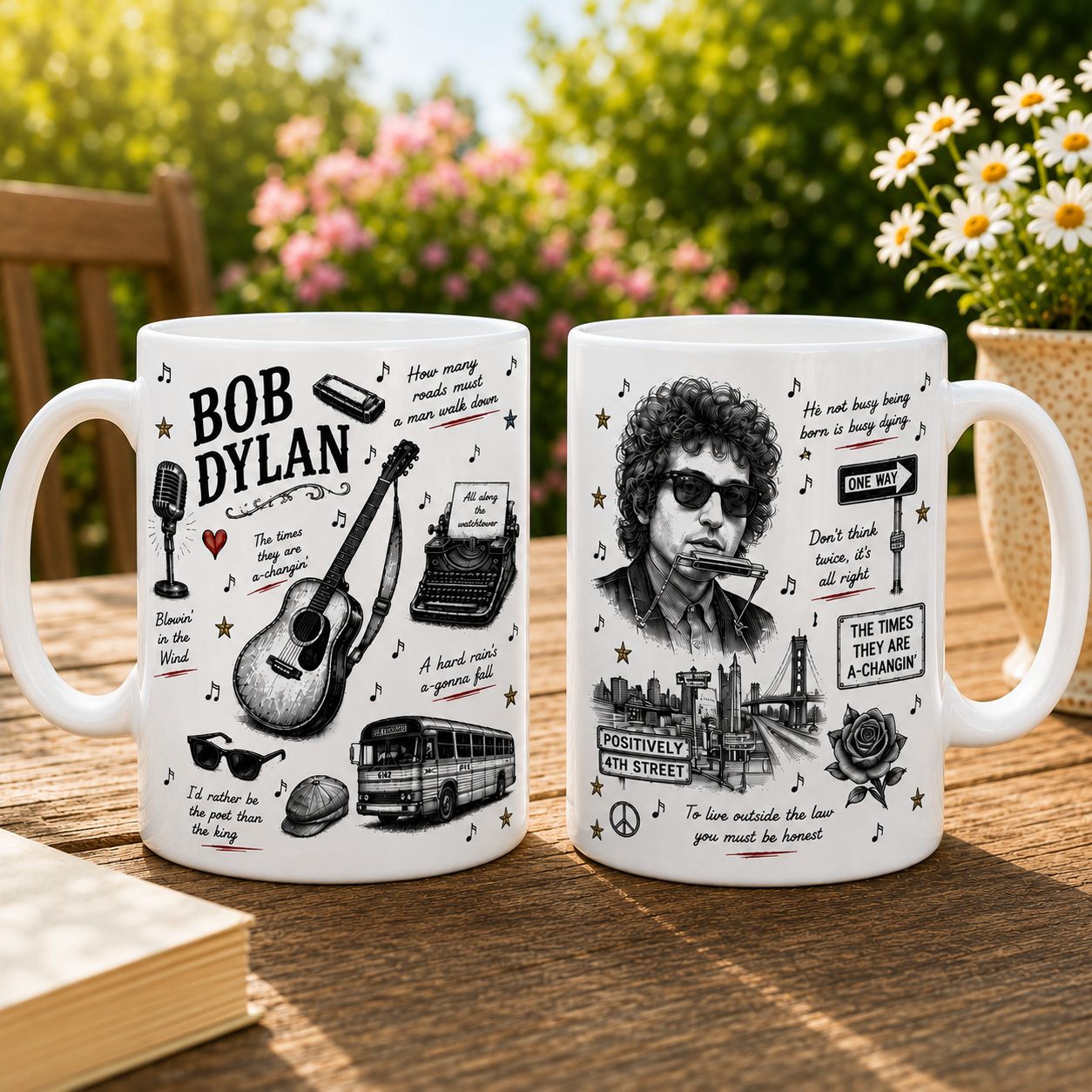 Bob Dylan Icon Collage Mug, Blowin’ in the Wind and The Times They Are A-Changin’ Coffee Cup, Folk Music Fan Gift