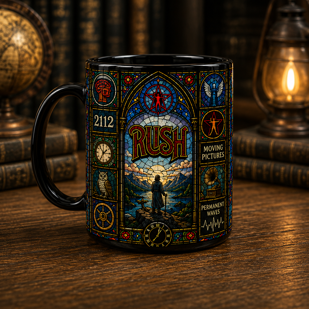 Rush Stained Glass Black Coffee Mug – 15oz Ceramic Mug for Progressive Rock Fans