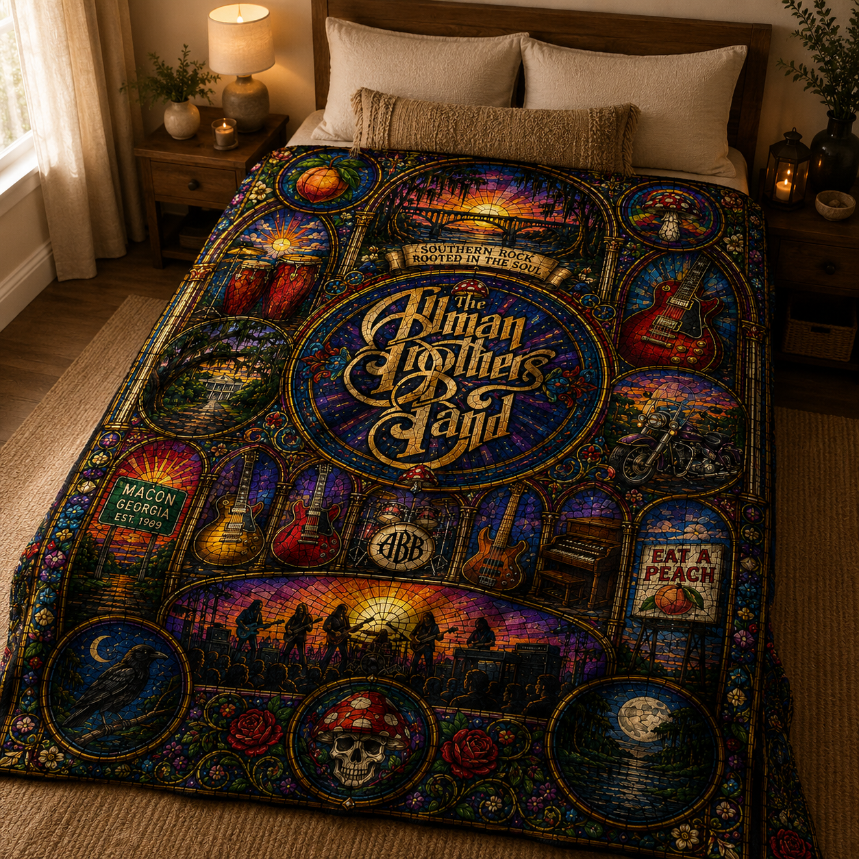 The Allman Brothers Band Sherpa Blanket – Stained Glass Southern Rock Throw Blanket