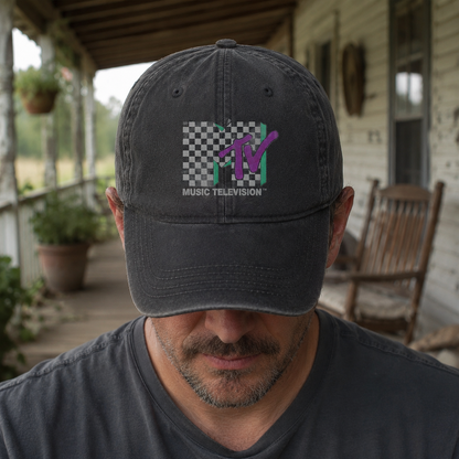 MTV Leopard Logo Black Denim Cap – Vintage Washed Music Television Dad Hat, Retro Streetwear Hat (With Box)