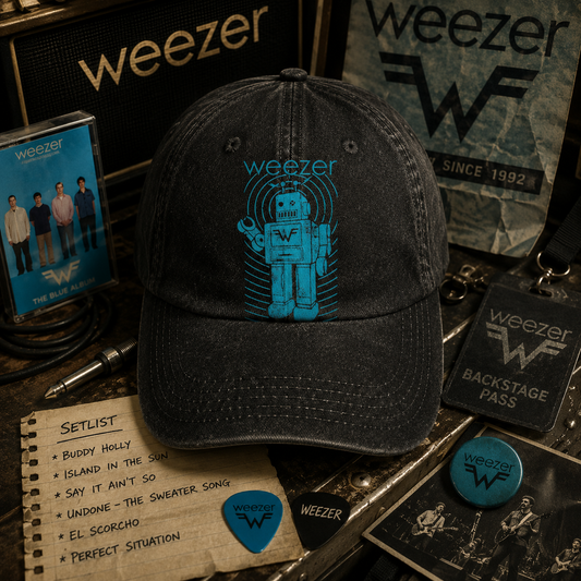 Weezer Robot Logo Cap – Vintage Washed Black Denim Dad Hat, Retro Sci-Fi Band Graphic Hat (With Box)