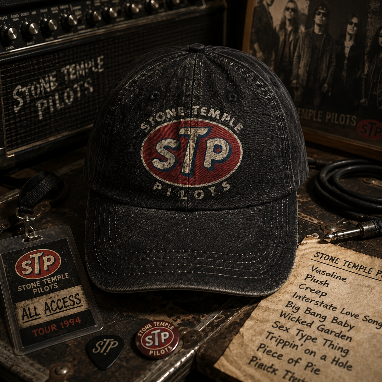 Stone Temple Pilots STP Cap – Vintage Washed Black Denim Dad Hat, Retro 90s Rock Band Logo Hat (With Box)