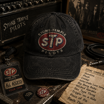 Stone Temple Pilots STP Cap – Vintage Washed Black Denim Dad Hat, Retro 90s Rock Band Logo Hat (With Box)