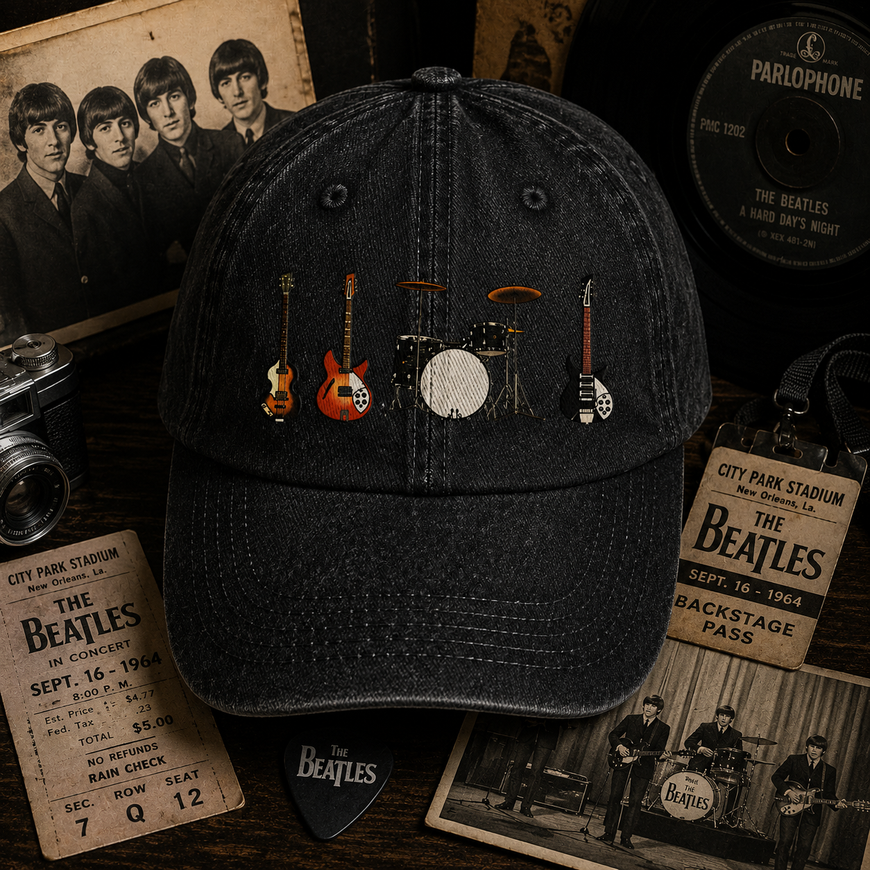 Vintage Rock Instruments Cap – Washed Black Denim Dad Hat, Guitar & Drum Minimalist Music Hat (With Box)