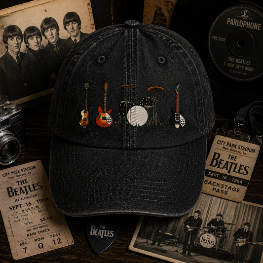 Vintage Rock Instruments Cap – Washed Black Denim Dad Hat, Guitar & Drum Minimalist Music Hat (With Box)