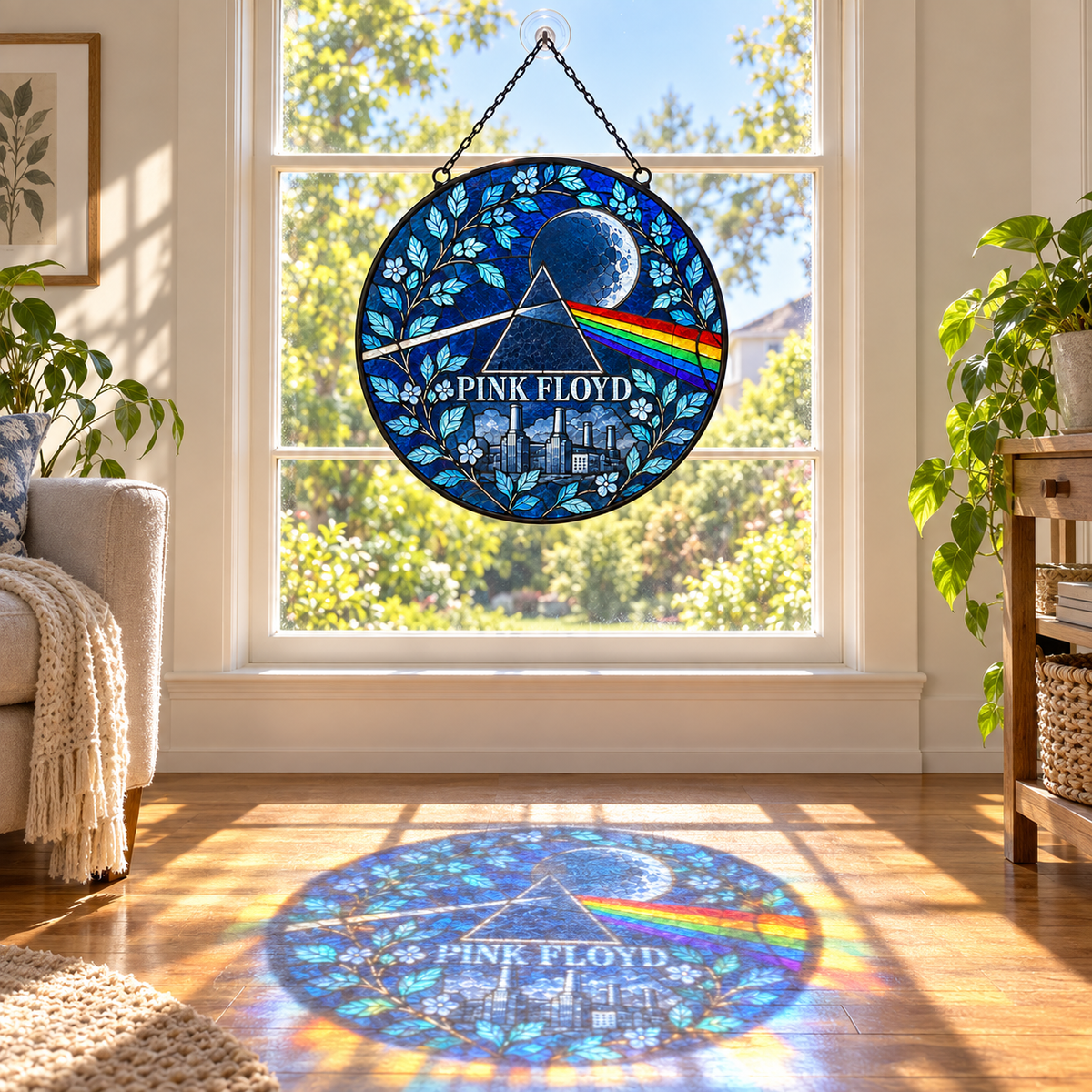 Pink Floyd Suncatcher – Dark Side of the Moon Prism & Battersea Power Station Window Hanging, Progressive Rock Fan Gift