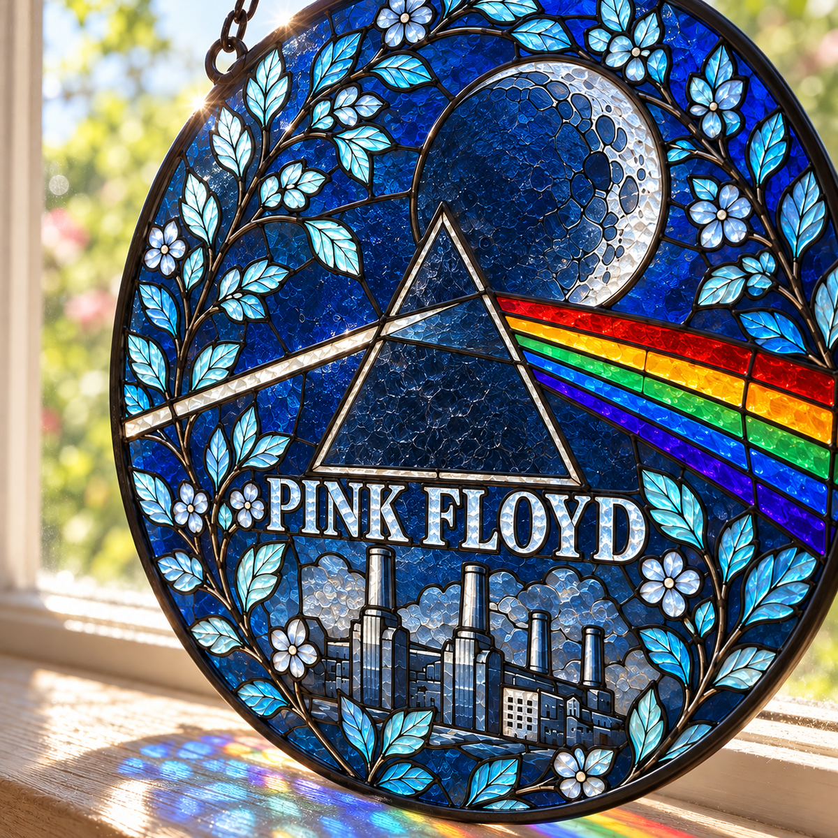 Pink Floyd Suncatcher – Dark Side of the Moon Prism & Battersea Power Station Window Hanging, Progressive Rock Fan Gift