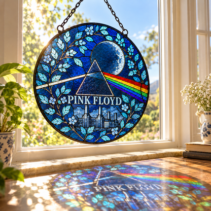 Pink Floyd Suncatcher – Dark Side of the Moon Prism & Battersea Power Station Window Hanging, Progressive Rock Fan Gift