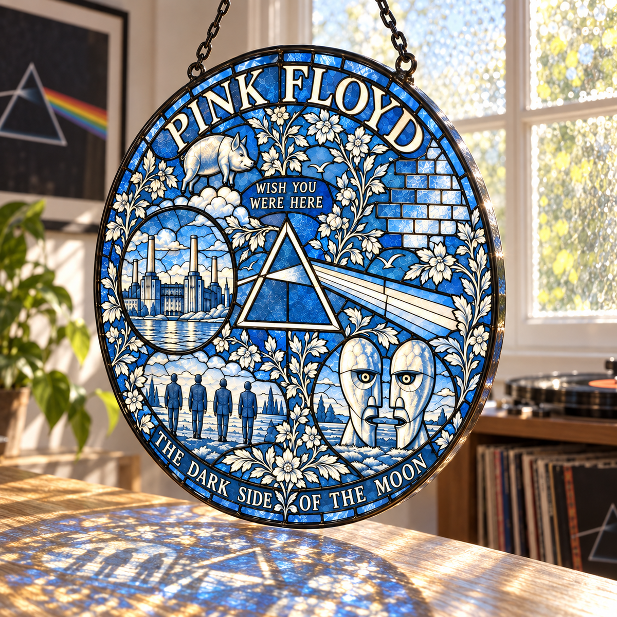 Pink Floyd Stained Glass Suncatcher – Dark Side of the Moon Prism, Wish You Were Here & Division Bell Window Hanging, Rock Fan Gift