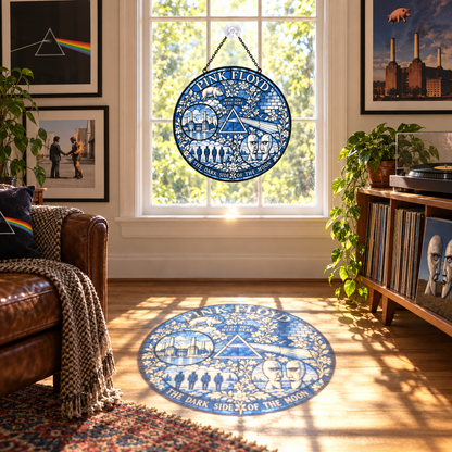 Pink Floyd Stained Glass Suncatcher – Dark Side of the Moon Prism, Wish You Were Here & Division Bell Window Hanging, Rock Fan Gift