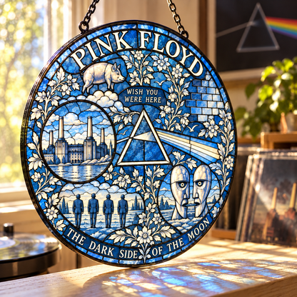 Pink Floyd Stained Glass Suncatcher – Dark Side of the Moon Prism, Wish You Were Here & Division Bell Window Hanging, Rock Fan Gift