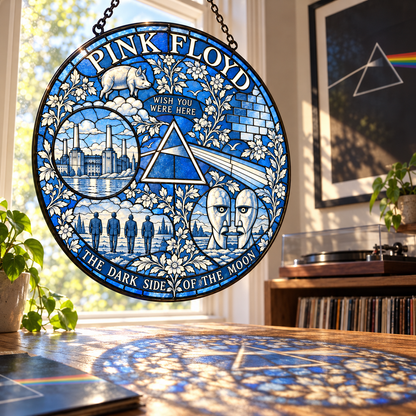 Pink Floyd Stained Glass Suncatcher – Dark Side of the Moon Prism, Wish You Were Here & Division Bell Window Hanging, Rock Fan Gift