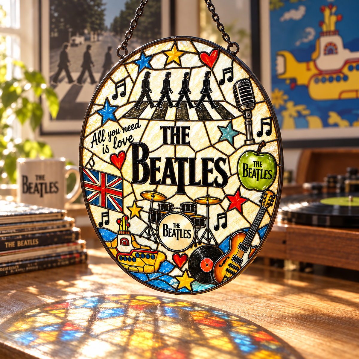 The Beatles Mosaic Stained Glass Suncatcher – Abbey Road, Yellow Submarine & Music Icons Window Hanging, Retro Rock Fan Gift