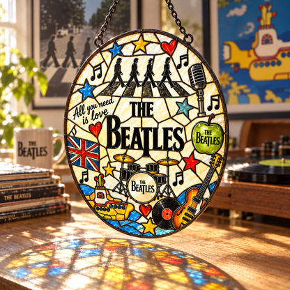 The Beatles Mosaic Stained Glass Suncatcher – Abbey Road, Yellow Submarine & Music Icons Window Hanging, Retro Rock Fan Gift