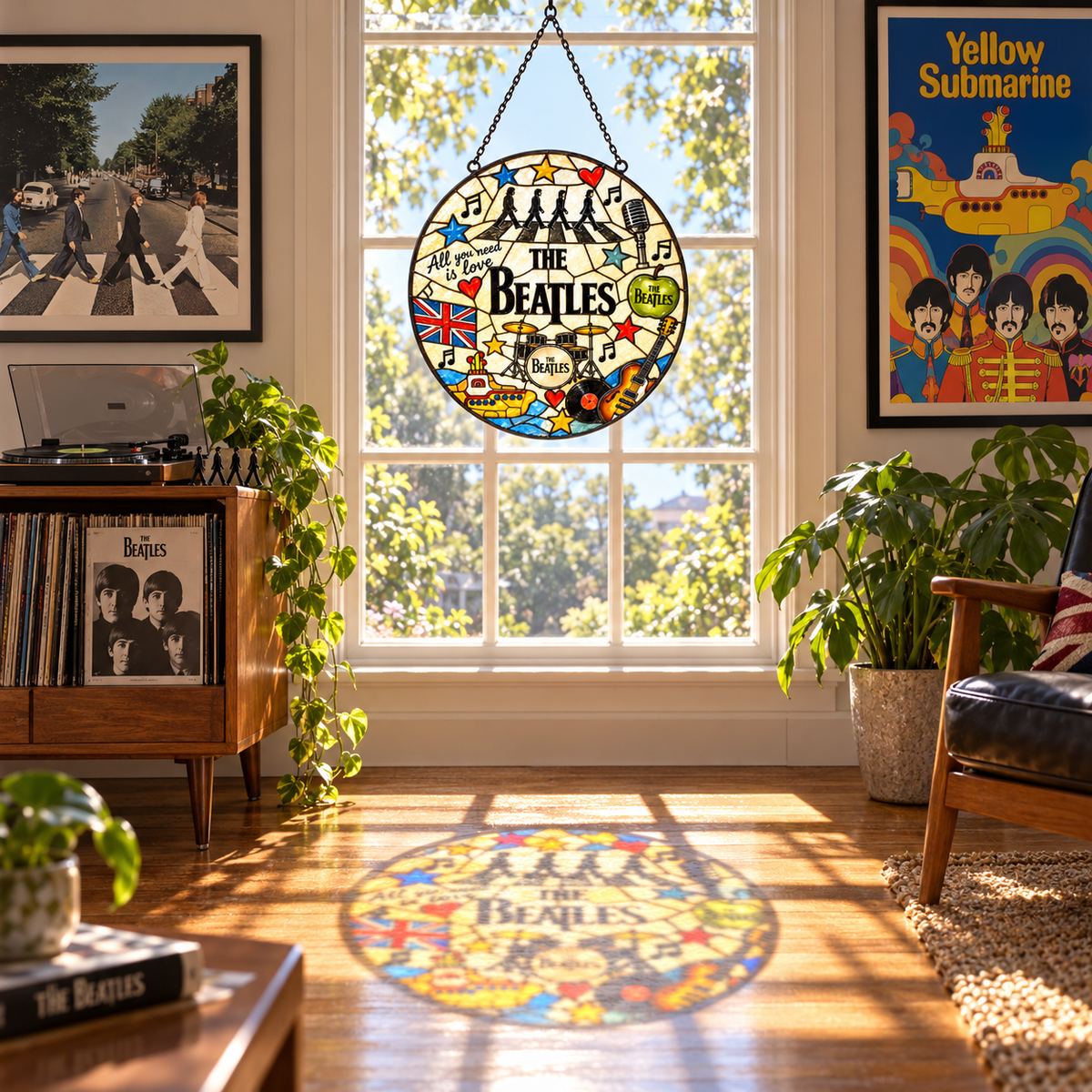 The Beatles Mosaic Stained Glass Suncatcher – Abbey Road, Yellow Submarine & Music Icons Window Hanging, Retro Rock Fan Gift