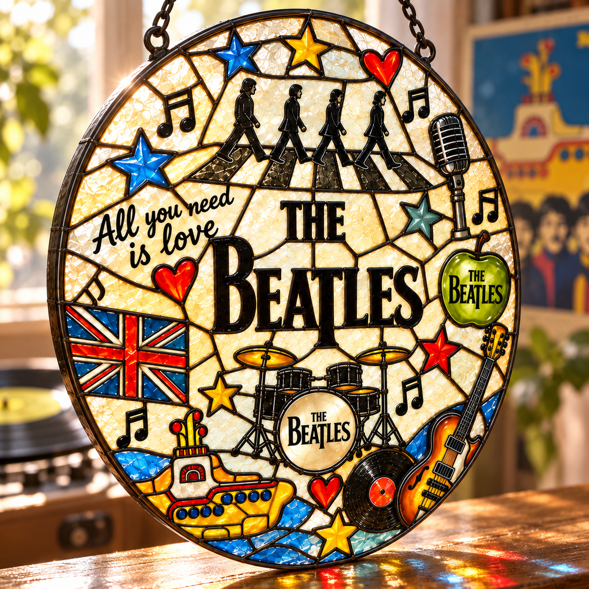 The Beatles Mosaic Stained Glass Suncatcher – Abbey Road, Yellow Submarine & Music Icons Window Hanging, Retro Rock Fan Gift