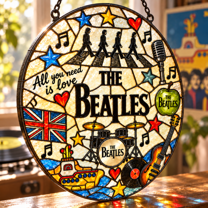 The Beatles Mosaic Stained Glass Suncatcher – Abbey Road, Yellow Submarine & Music Icons Window Hanging, Retro Rock Fan Gift