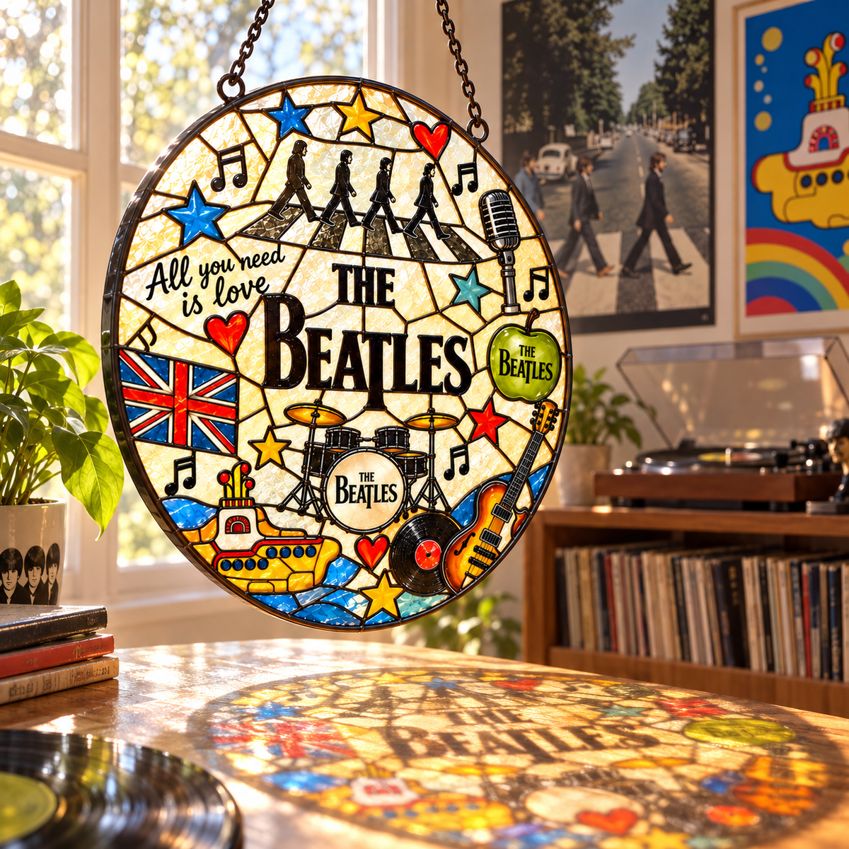 The Beatles Mosaic Stained Glass Suncatcher – Abbey Road, Yellow Submarine & Music Icons Window Hanging, Retro Rock Fan Gift