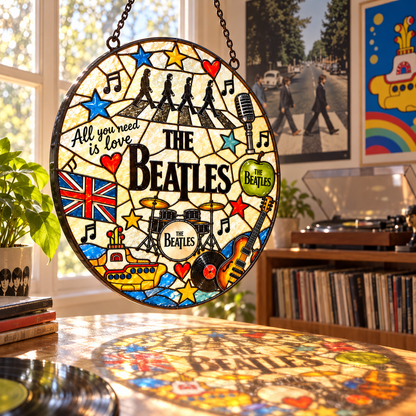 The Beatles Mosaic Stained Glass Suncatcher – Abbey Road, Yellow Submarine & Music Icons Window Hanging, Retro Rock Fan Gift