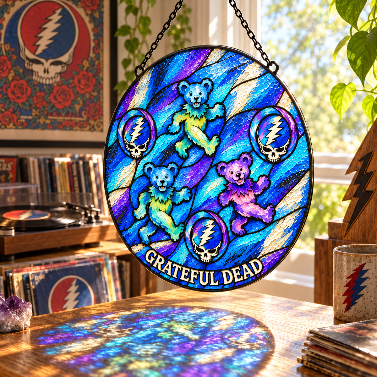 Grateful Dead Dancing Bears Suncatcher – Steal Your Face Stained Glass Window Hanging, Blue Psychedelic Deadhead Decor, Rock Music Gift