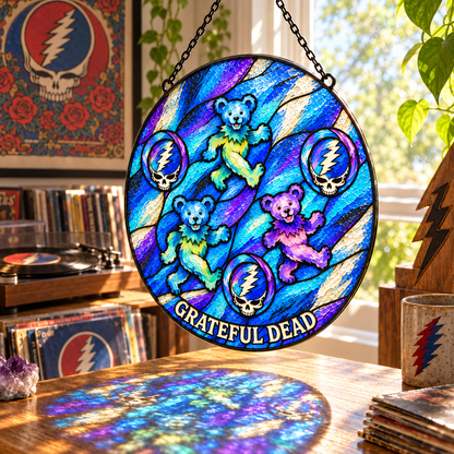 Grateful Dead Dancing Bears Suncatcher – Steal Your Face Stained Glass Window Hanging, Blue Psychedelic Deadhead Decor, Rock Music Gift