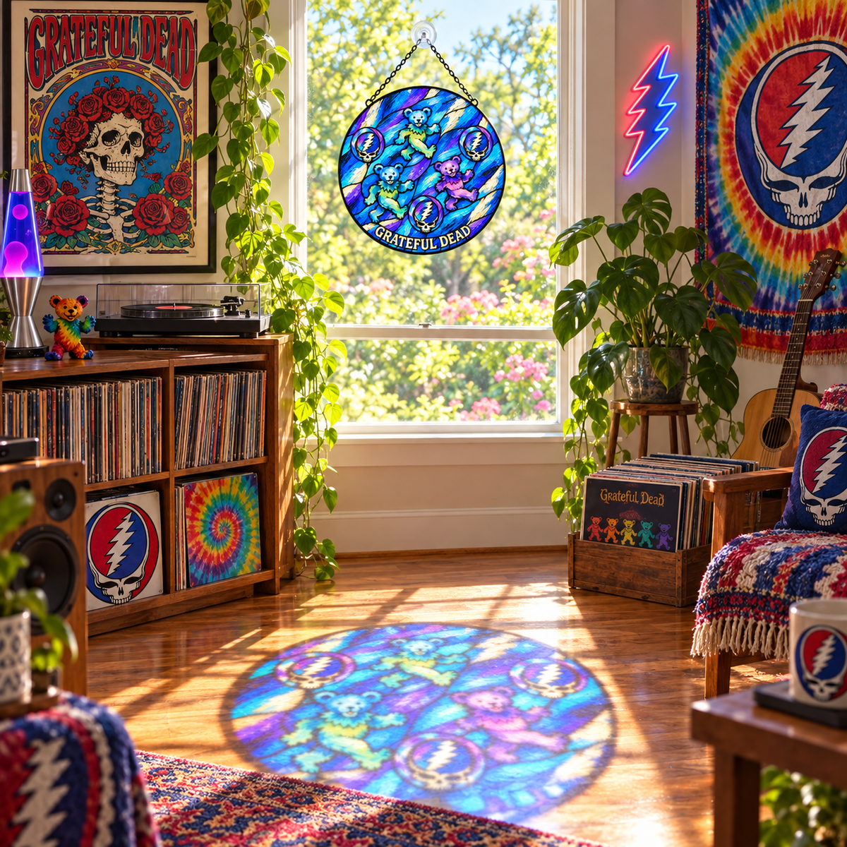 Grateful Dead Dancing Bears Suncatcher – Steal Your Face Stained Glass Window Hanging, Blue Psychedelic Deadhead Decor, Rock Music Gift