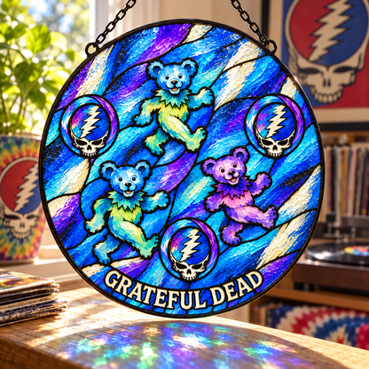 Grateful Dead Dancing Bears Suncatcher – Steal Your Face Stained Glass Window Hanging, Blue Psychedelic Deadhead Decor, Rock Music Gift