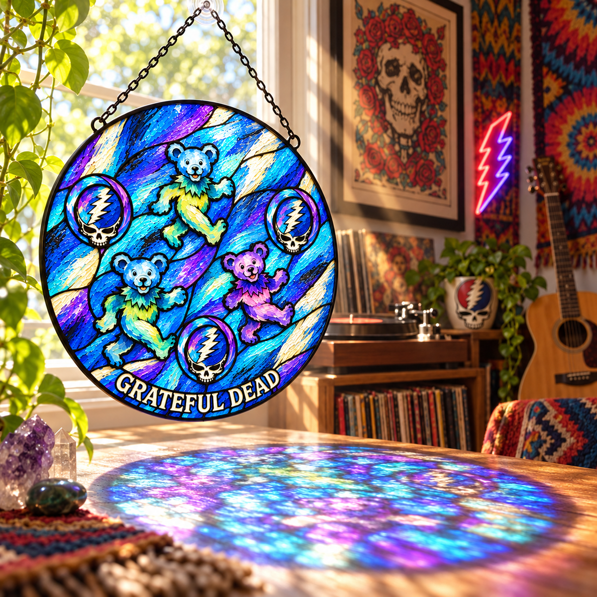 Grateful Dead Dancing Bears Suncatcher – Steal Your Face Stained Glass Window Hanging, Blue Psychedelic Deadhead Decor, Rock Music Gift