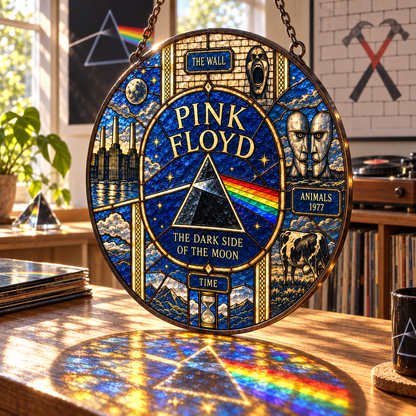 Pink Floyd Album Legacy Stained Glass Suncatcher – Dark Side Prism, The Wall & Animals Window Hanging, Progressive Rock Decor Gift