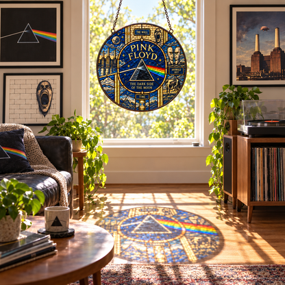 Pink Floyd Album Legacy Stained Glass Suncatcher – Dark Side Prism, The Wall & Animals Window Hanging, Progressive Rock Decor Gift