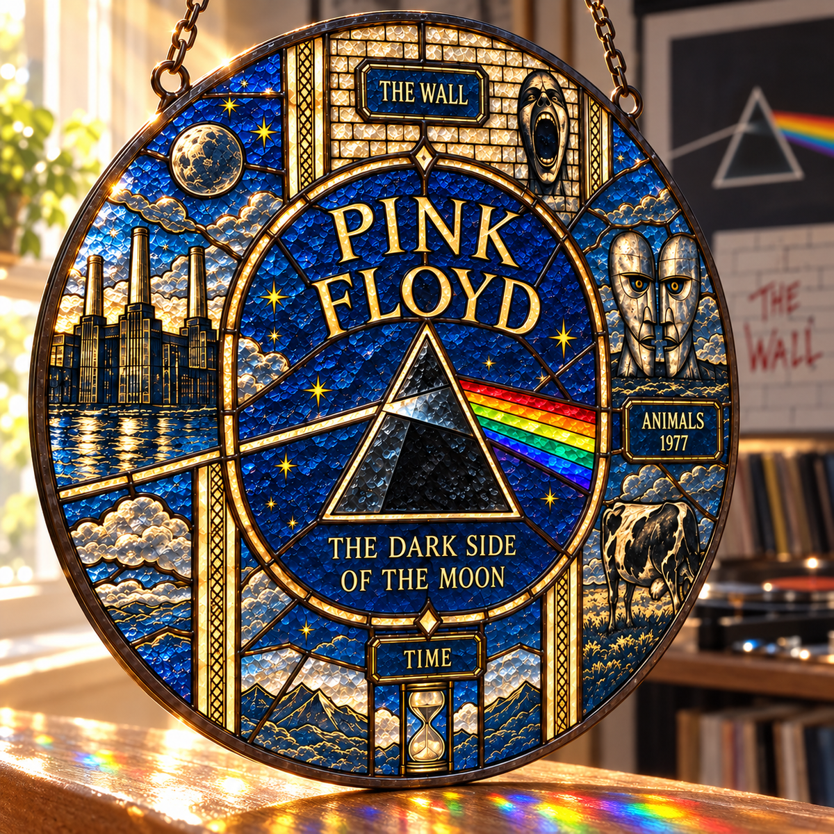 Pink Floyd Album Legacy Stained Glass Suncatcher – Dark Side Prism, The Wall & Animals Window Hanging, Progressive Rock Decor Gift