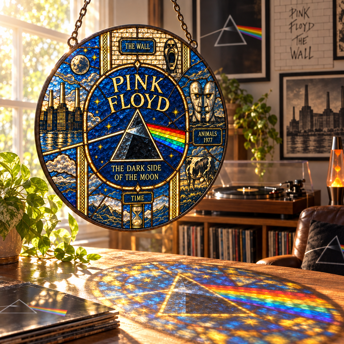 Pink Floyd Album Legacy Stained Glass Suncatcher – Dark Side Prism, The Wall & Animals Window Hanging, Progressive Rock Decor Gift