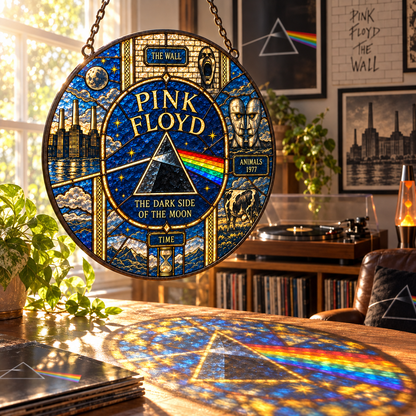 Pink Floyd Album Legacy Stained Glass Suncatcher – Dark Side Prism, The Wall & Animals Window Hanging, Progressive Rock Decor Gift