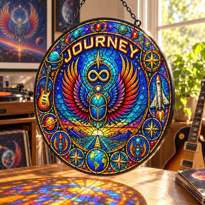 Journey Stained Glass Suncatcher – Scarab Wings & Infinity Symbol Window Hanging, Colorful Classic Rock Music Decor, Journey Fan Gift