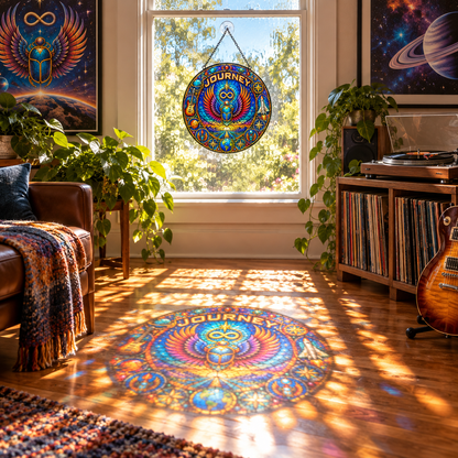 Journey Stained Glass Suncatcher – Scarab Wings & Infinity Symbol Window Hanging, Colorful Classic Rock Music Decor, Journey Fan Gift