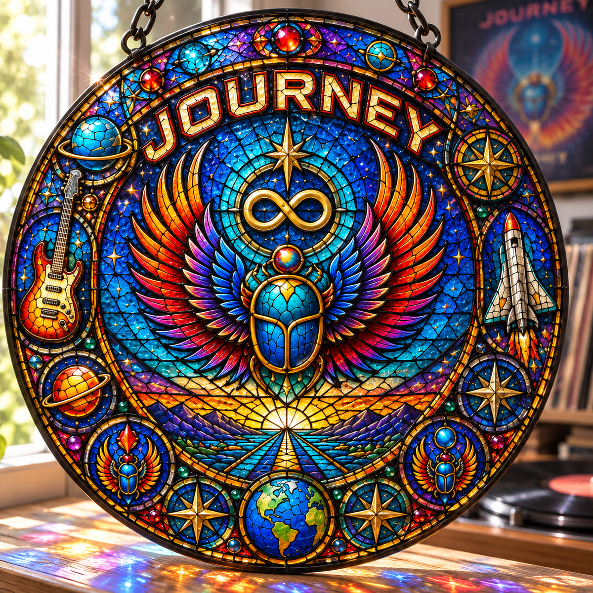 Journey Stained Glass Suncatcher – Scarab Wings & Infinity Symbol Window Hanging, Colorful Classic Rock Music Decor, Journey Fan Gift