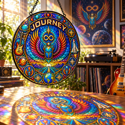 Journey Stained Glass Suncatcher – Scarab Wings & Infinity Symbol Window Hanging, Colorful Classic Rock Music Decor, Journey Fan Gift
